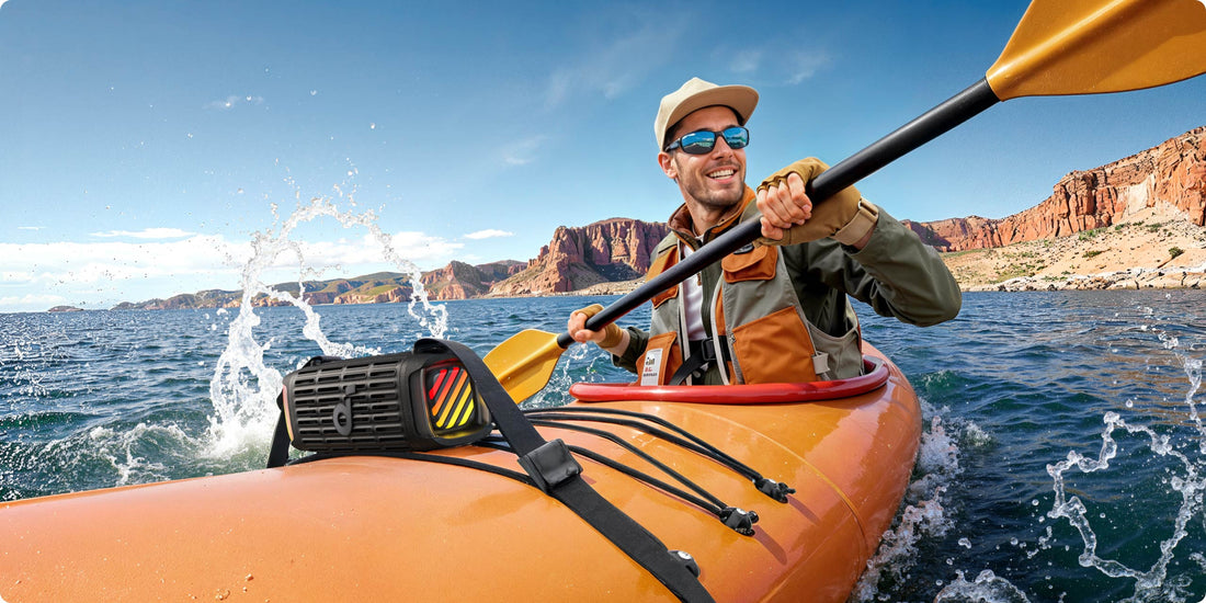 The man enjoy music with soundcore Boom 3i Outdoor Speaker while rowing