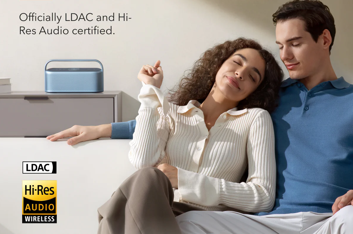 A couple is enjoying music with soundcore Motion X600