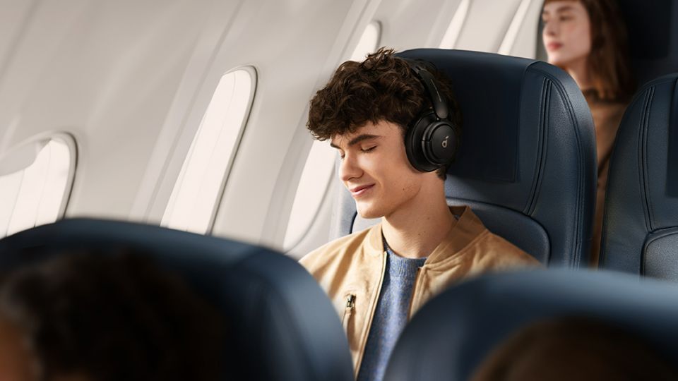 Man wearing soundcore headphones