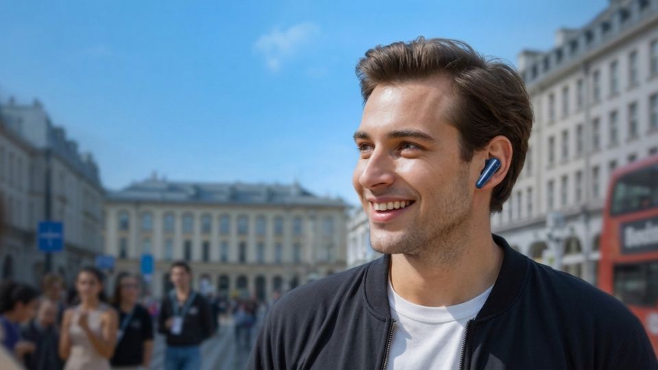 Man traveling with earbuds