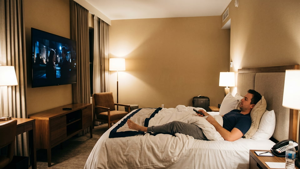 Lying on a bed in a hotel