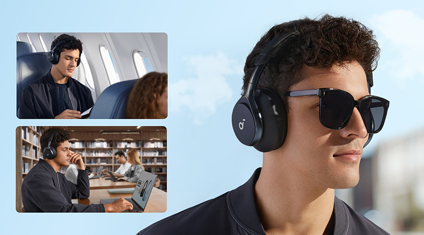 A Man Use soundcore Space One While Travel