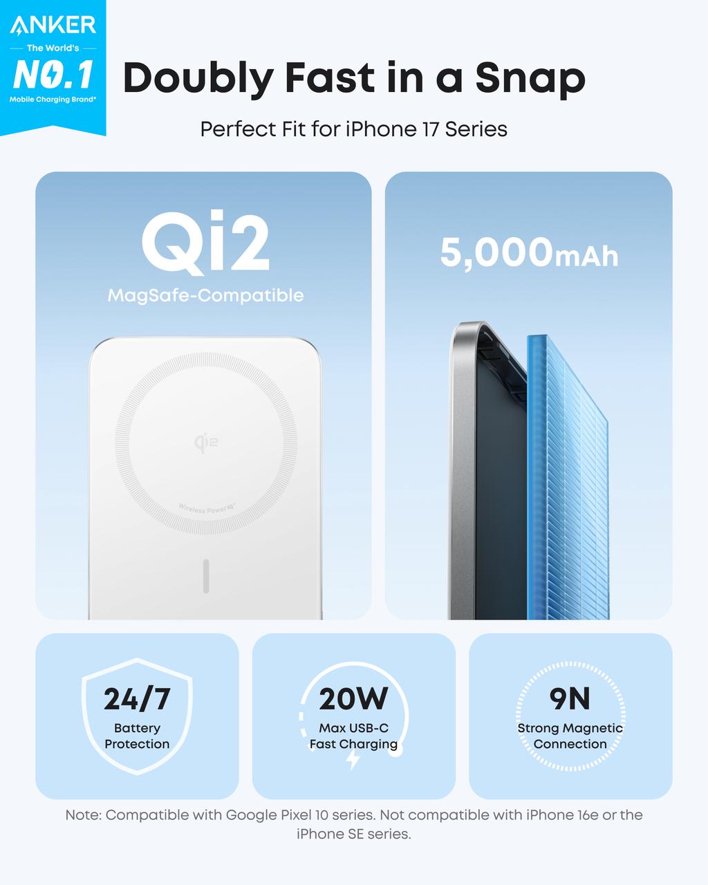 Anker Nano Power Bank, 5,000mAh Wireless Charger, Ultra-Slim, 15W Fast Charging