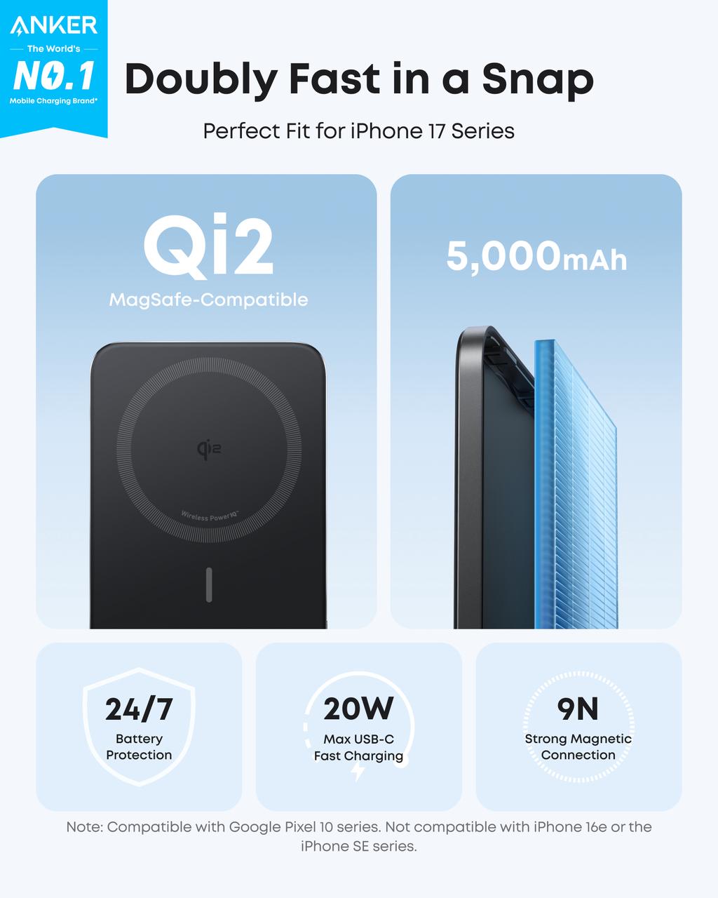 Anker Nano Power Bank, 5,000mAh Wireless Charger, Ultra-Slim, 15W Fast Charging