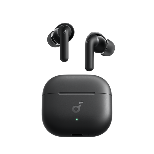 Black wireless earbuds and their matching charging case on a plain white background, with a small green LED indicator light on the case.