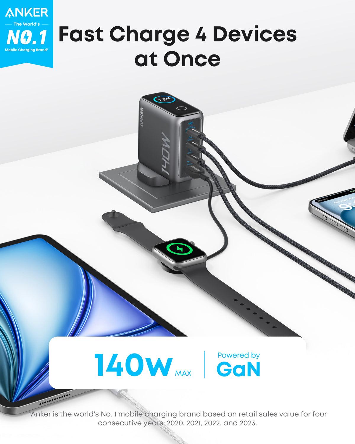 Anker Laptop Charger (140W, 4-Port, PD 3.1) with USB-C Cable