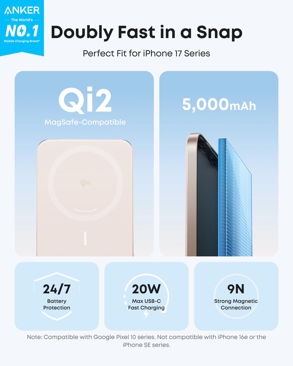 Anker Nano Power Bank, 5,000mAh Wireless Charger, Ultra-Slim, 15W Fast Charging
